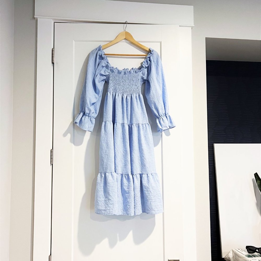 Wendy Cotton Tie-Back Gingham Plaid Puff Sleeve Off Shoulder Smocked Midi Dress